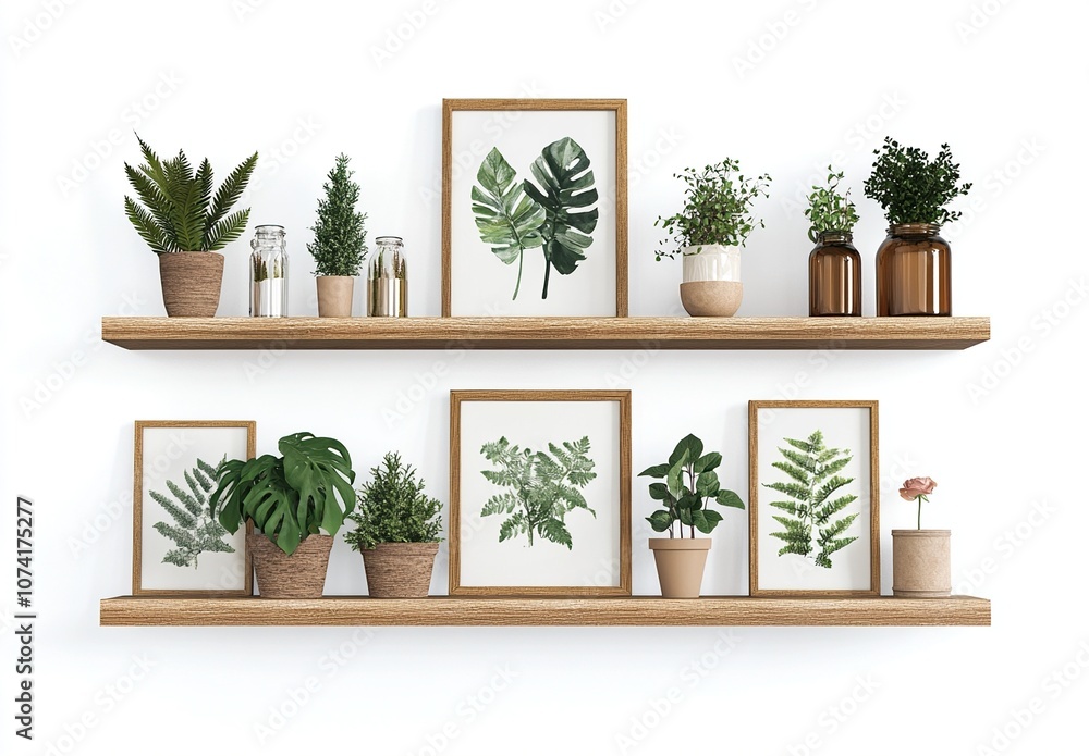 Two wooden shelves with framed botanical prints, potted plants, and decorative jars against a white wall. Two wooden shelves with framed botanical prints, potted plants, and decorative jars against a white wall.