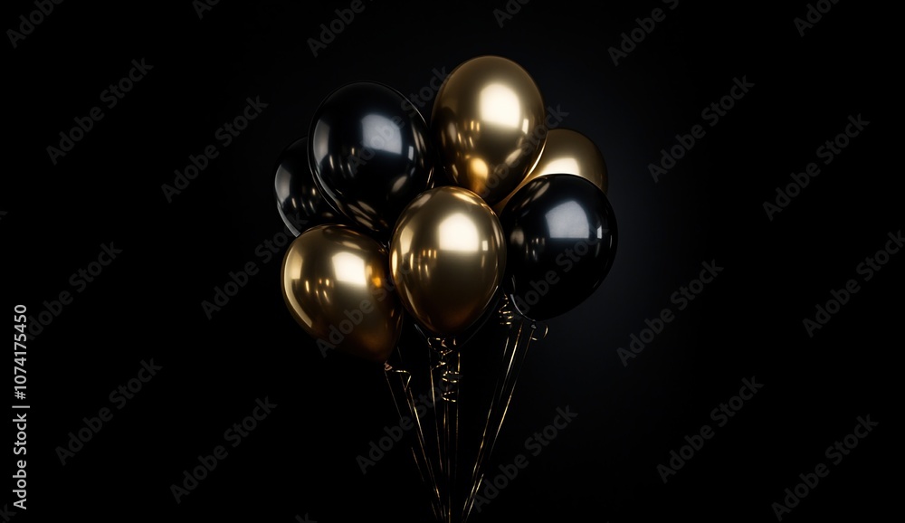 A bunch of black and gold balloons against a black background. A bunch of black and gold balloons against a black background.