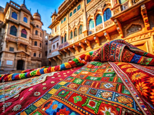 Vibrant Traditional Indian Textile Pattern Design Captured in Urban Exploration Photography, Showcasing Rich Colors, Intricate Details, and Cultural Significance in an Urban Setting