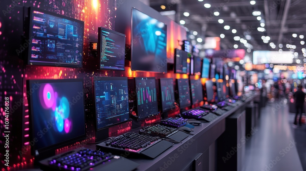 Display of multiple high-tech computer monitors in a vibrant setting. Display of multiple high-tech computer monitors in a vibrant setting.
