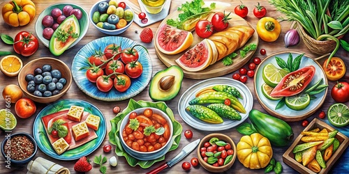 Vibrant Watercolor Pencil Art Capturing Delicious Food Creations in a Colorful Still Life Setting with Fresh Ingredients and Artistic Touches for Culinary Enthusiasts