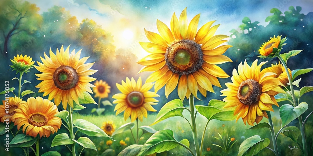 Obraz premium Vibrant Watercolor Sunflowers in a Garden Setting with High Depth of Field, Showcasing Nature's Beauty and Artistic Expression in Soft, Blended Colors and Textures