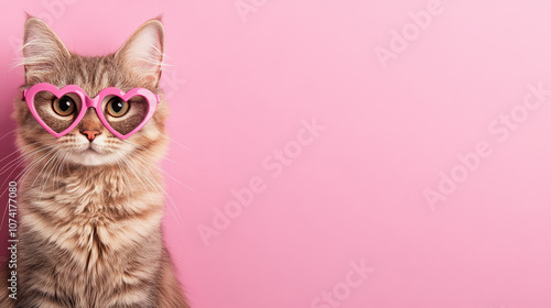 playful cat wearing heart shaped glasses against pink background, exuding charm and whimsy