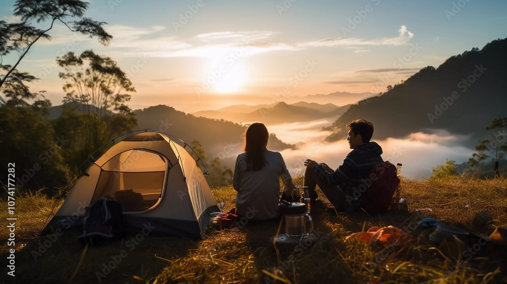 A couple enjoys a serene sunset view while camping in the mountains. A couple enjoys a serene sunset view while camping in the mountains.