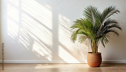 햇살이 비치는 거실에 놓여있는 아레카야자 화분과 카피스페이스