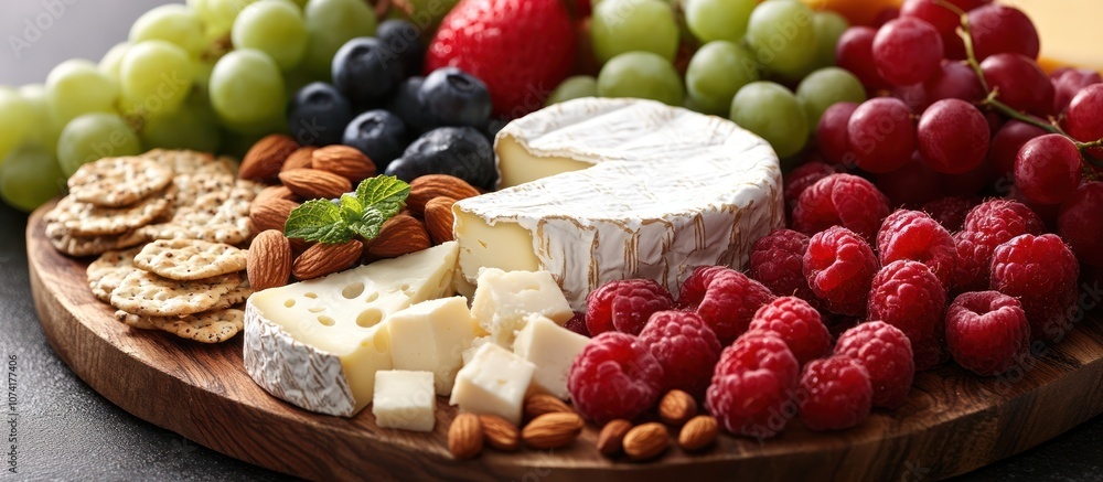 Closeup of a wooden charcuterie board with cheese, crackers, grapes, raspberries, blueberries, and almonds. Closeup of a wooden charcuterie board with cheese, crackers, grapes, raspberries, blueberries, and almonds.