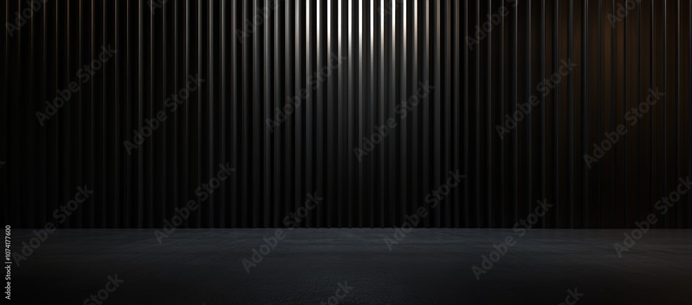 Dark black corrugated metal wall with spotlight and empty floor for product display. Dark black corrugated metal wall with spotlight and empty floor for product display.