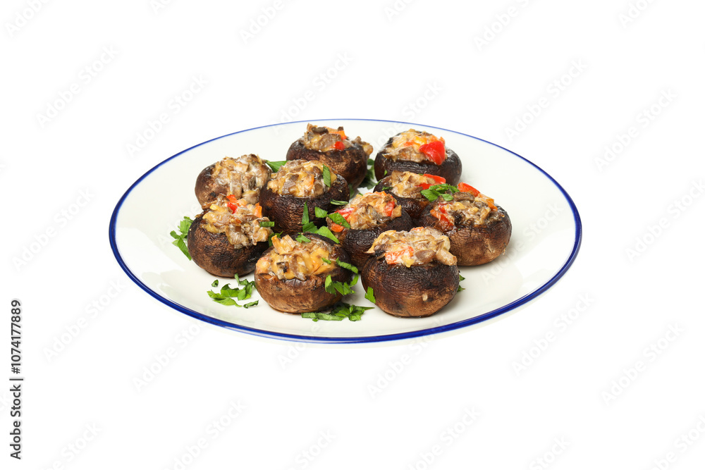 PNG stuffed mushrooms in a plate isolated on a white background. PNG stuffed mushrooms in a plate isolated on a white background.