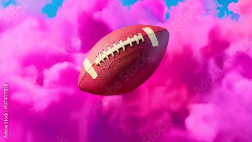 American football surrounded by a vibrant pink smoke cloud, creating a bold and surreal sports concept.