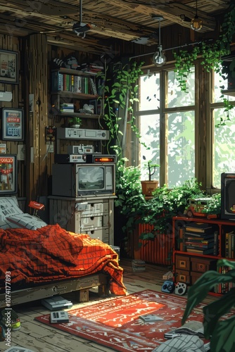 a cozy and inviting bedroom with a vintage aesthetic. The room features exposed brick walls, a large window with a view of the outdoors, and a comfortable bed with a green duvet. The walls are adorned