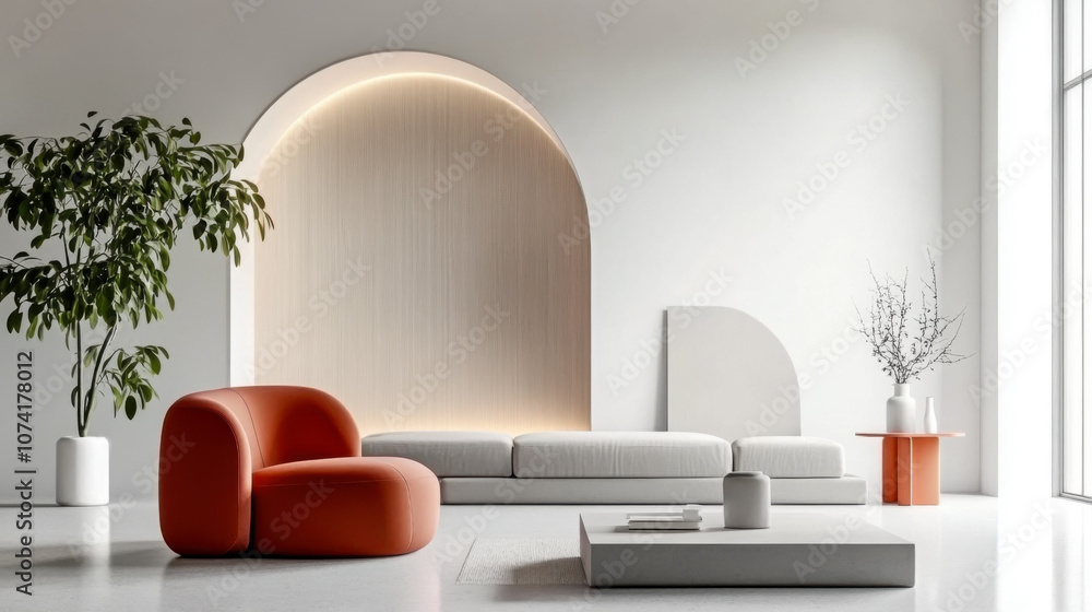 Red armchair and grey sofa white wall Minimalist interior design of modern living room Red armchair and grey sofa white wall Minimalist interior design of modern living room