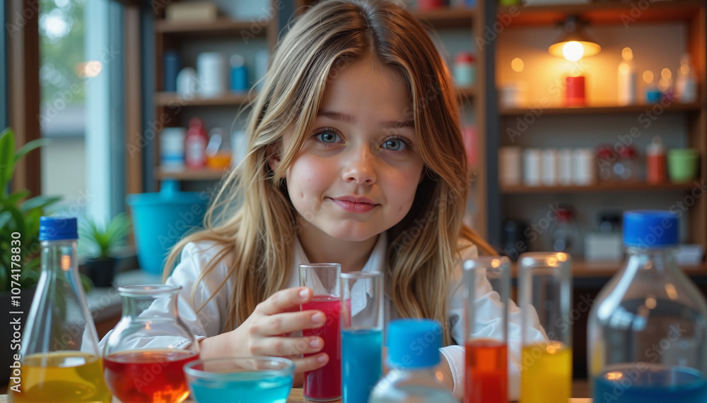 Young girl surrounded by colorful test tubes and beakers Young girl surrounded by colorful test tubes and beakers