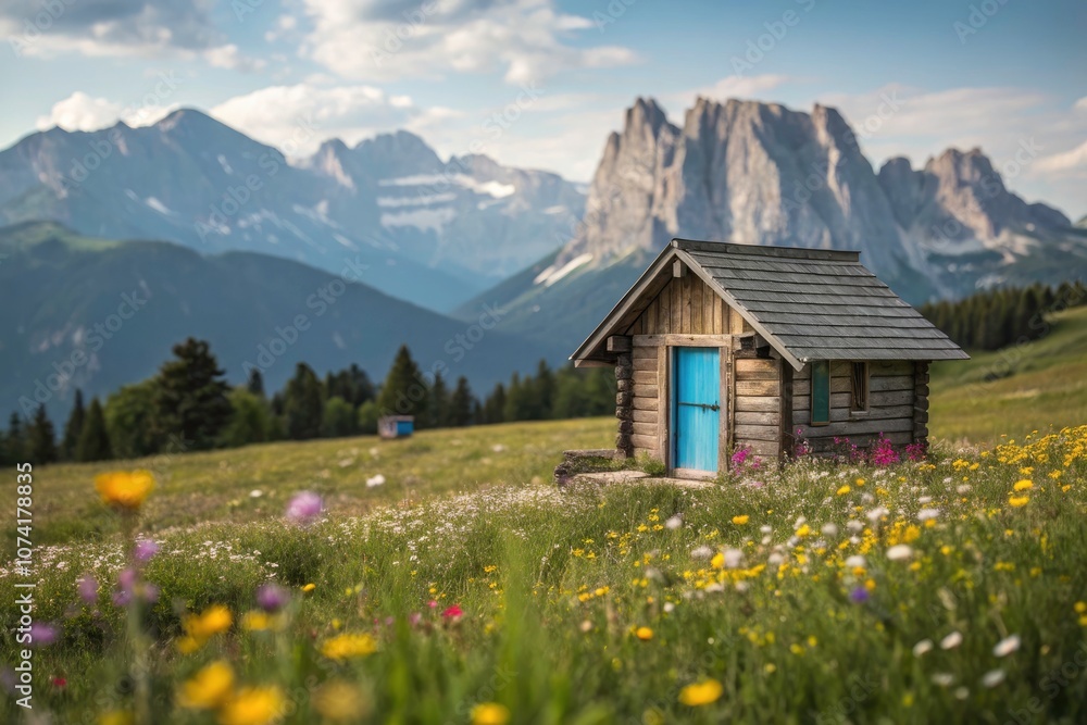 Fototapeta premium Serene Wooden Cabin with Blue Door in a Wildflower Field Surrounded by Majestic Mountains - Tilt-Shift Photography