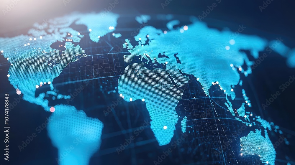 Digital representation of the world map with glowing blue effects. Digital representation of the world map with glowing blue effects.