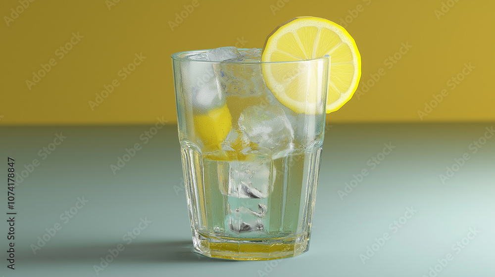 Refreshing glass of lemonade with ice cubes and a slice of lemon Refreshing glass of lemonade with ice cubes and a slice of lemon