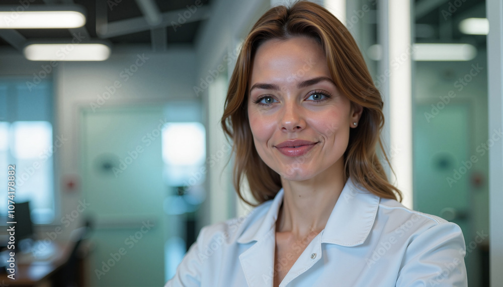 Confident female scientist in a lab coat at the workplace Confident female scientist in a lab coat at the workplace