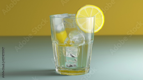 Refreshing glass of lemonade with ice cubes and a slice of lemon