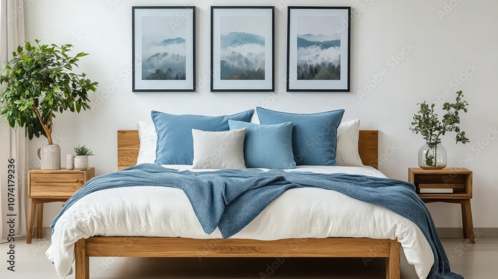 Fototapeta premium wooden bed with blue pillows and two bedside cabinets against white wall