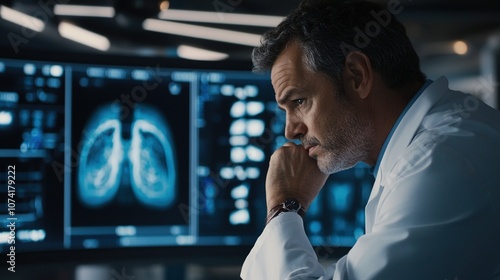 Doctor carefully examining lung scan results, focusing on patient's health and medical diagnosis. Professional dedication and attention to detail in healthcare.