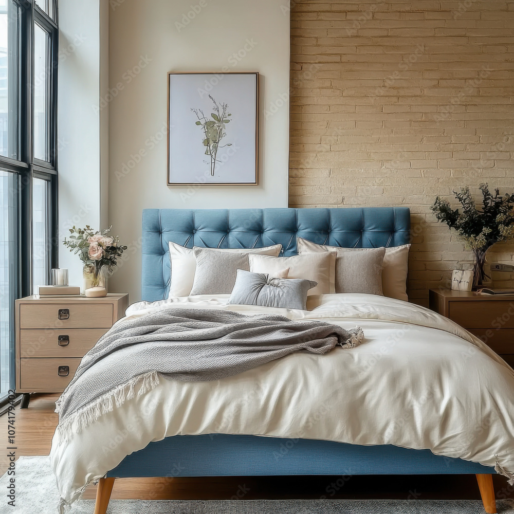 Wooden blue bed grey fabric headboard Loft interior design Wooden blue bed grey fabric headboard Loft interior design