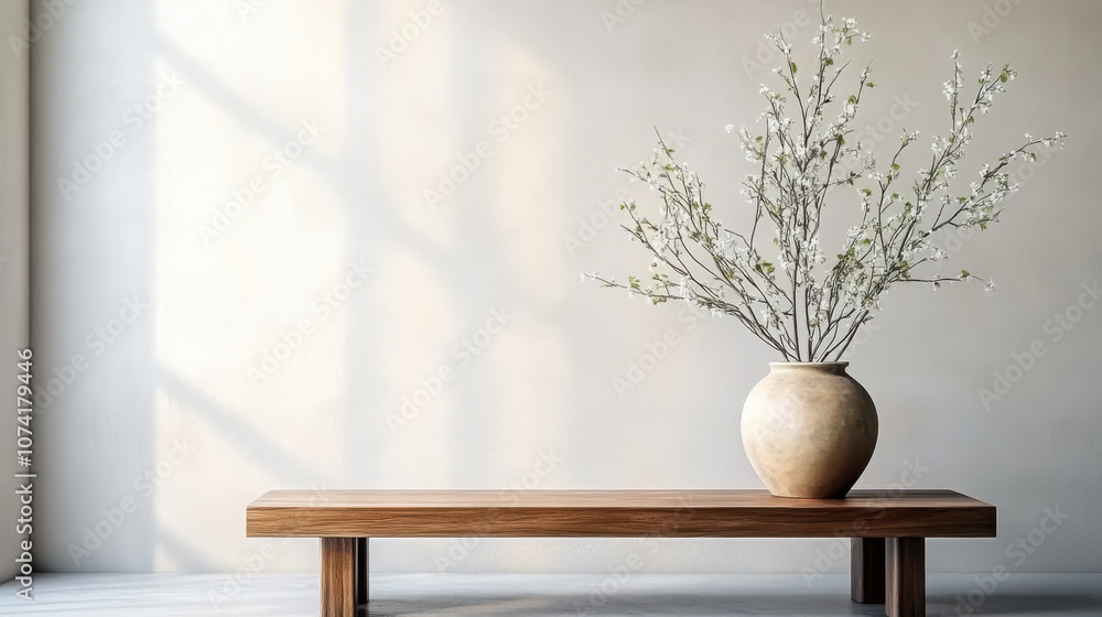 wooden bench and clay vase Japandi interior design of modern living room wooden bench and clay vase Japandi interior design of modern living room