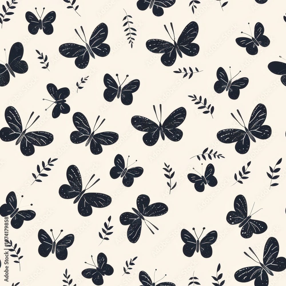 Obraz premium Gentle Minimal Butterfly Pattern Seamless Design on Soft Background, Perfect for Fabric, Wallpaper, and Craft Projects, Evoking Nature's Beauty in a Subtle Aesthetic
