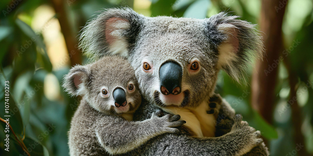 Obraz premium A mother koala cradles her baby in a tender embrace,