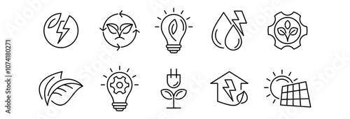 Energy saving and efficiency editable stroke outline icons set isolated on white background 