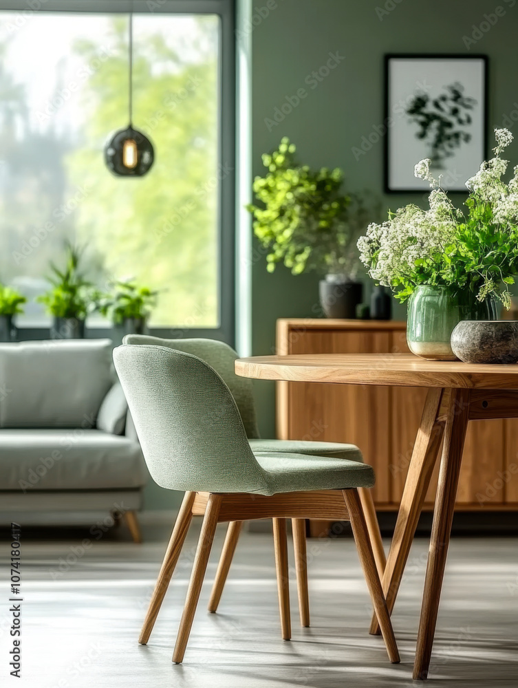 Fototapeta premium Mint color chairs wooden dining table in room with sofa and cabinet near green wall living room