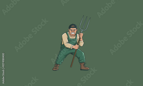 Angry farmer holding a pitchfork in a defensive stance.