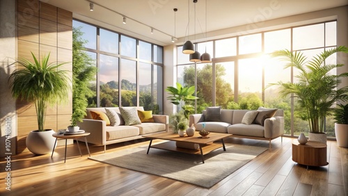 Sunlit Minimalist Living Room with Long Exposure, Bright Natural Light, Modern Design Elements, Cozy Ambiance, Elegant Furniture, Open Space, Soft Textures, Calming Atmosphere, Interior Decor
