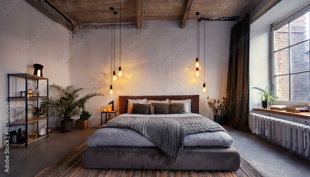 Cozy bedroom in an industrial loft with hanging lights and a minimalist bed. Cozy bedroom in an industrial loft with hanging lights and a minimalist bed.