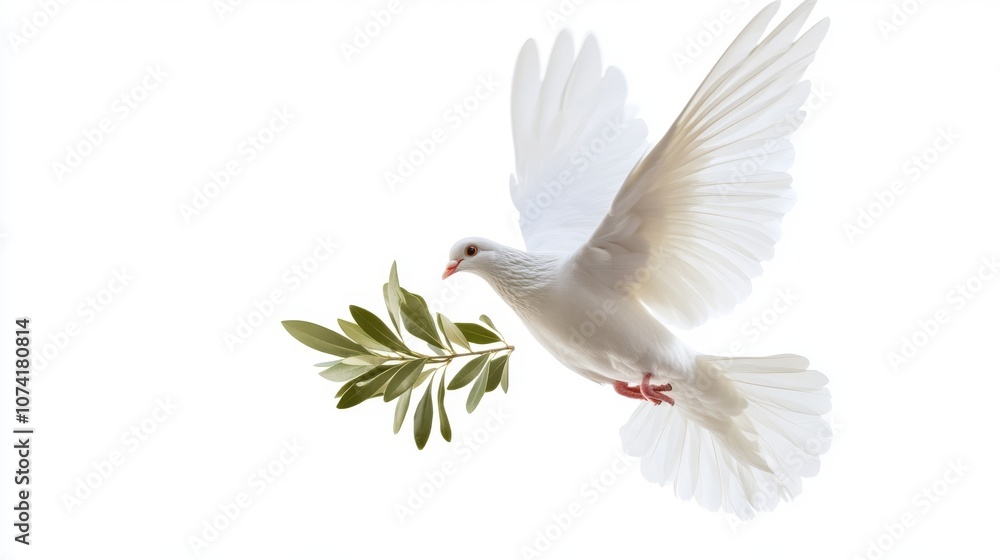 Obraz premium A flying white dove with an olive branch in its beak, isolated on a white background, as a PNG clipart piece. It represents the concept of peace. Isolated dove holding an olive leaf,