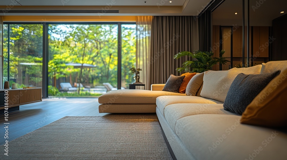 Modern living room with large sectional sofa, plush pillows, and a view of a lush green backyard. Modern living room with large sectional sofa, plush pillows, and a view of a lush green backyard.