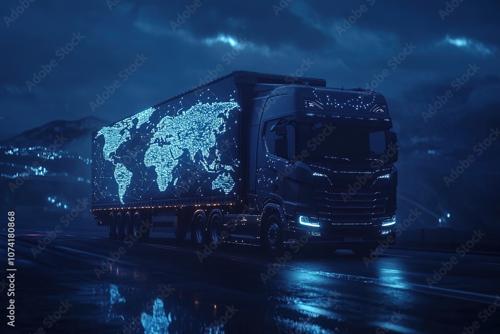 A semi-truck with a glowing world map on the side drives through a mountain pass at night. A semi-truck with a glowing world map on the side drives through a mountain pass at night.