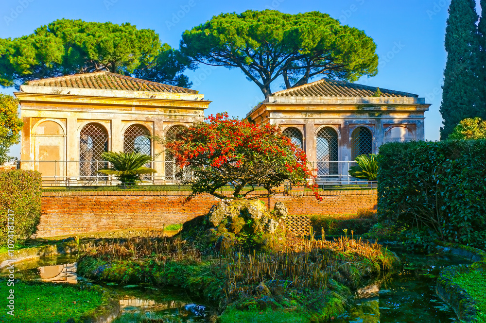 The scenic garden with pond at Rain Nymphaeum on Palatine Hill, Rome, Italy