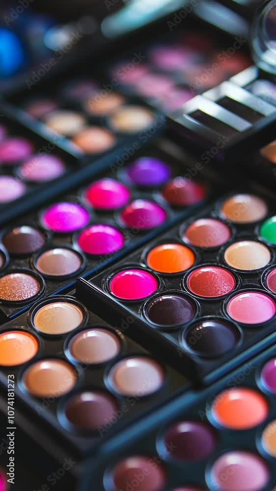 A close-up of several eyeshadow palettes, filled with vibrant colors ready for a makeup look A close-up of several eyeshadow palettes, filled with vibrant colors ready for a makeup look