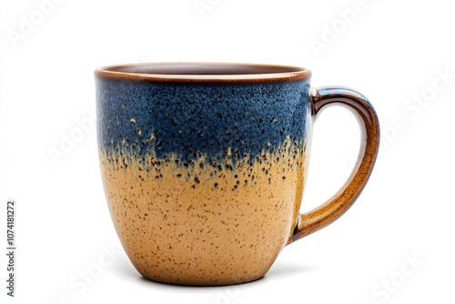 A brown and blue ceramic mug with a speckled glaze. photo