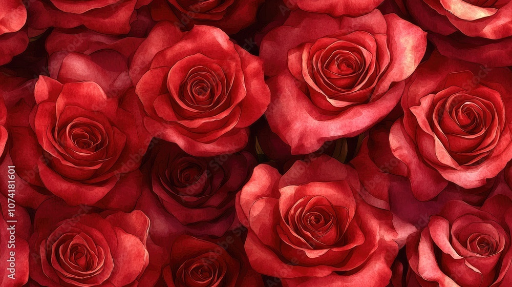 Seamless pattern featuring hand drawn watercolor red roses in a vibrant bouquet illustration Seamless pattern featuring hand drawn watercolor red roses in a vibrant bouquet illustration