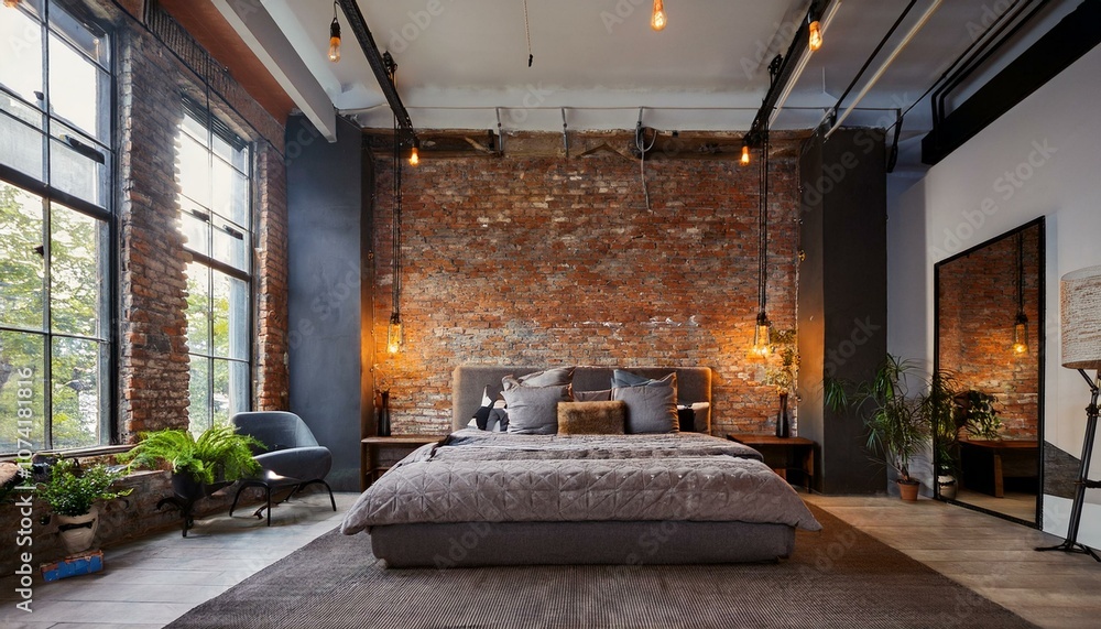 Modern bedroom with an industrial concept, exposed brick, and hanging Edison bulbs. Modern bedroom with an industrial concept, exposed brick, and hanging Edison bulbs.