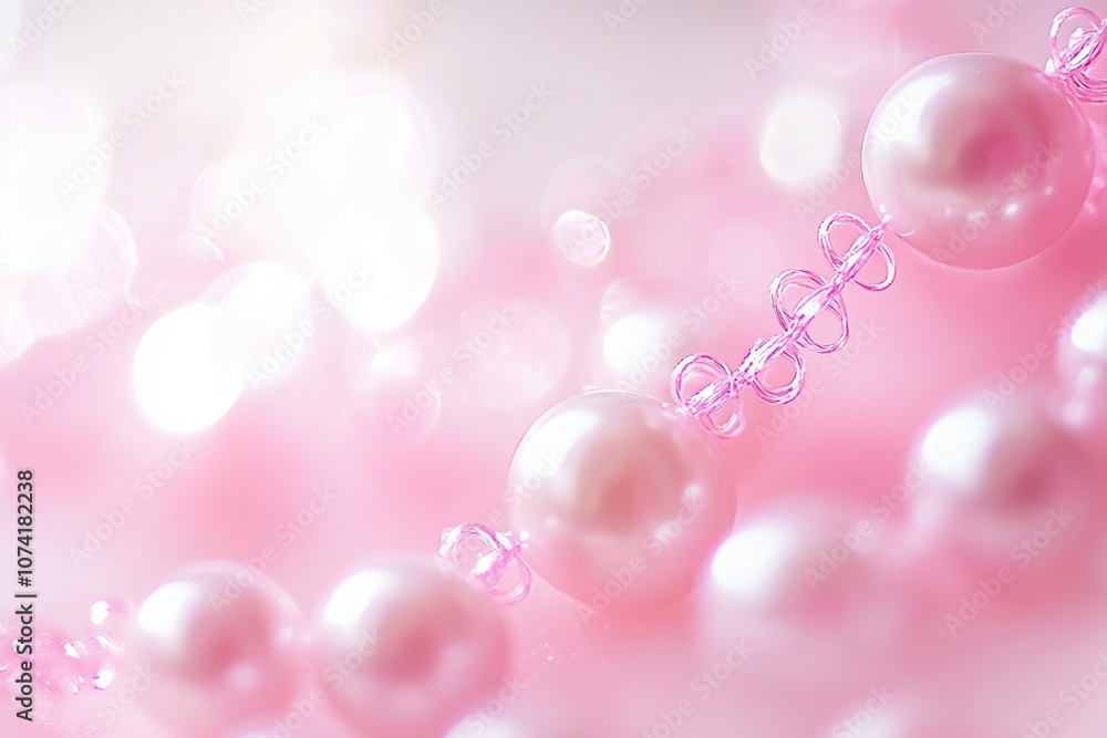 A close-up of a pearl necklace on a soft pink background with bokeh. A close-up of a pearl necklace on a soft pink background with bokeh.