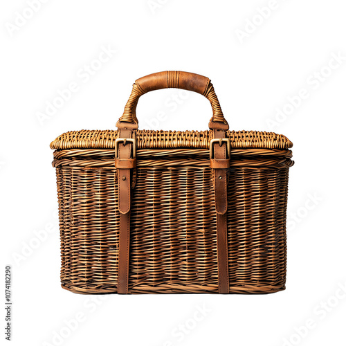 Woven picnic basket with leather straps, isolated on white background.