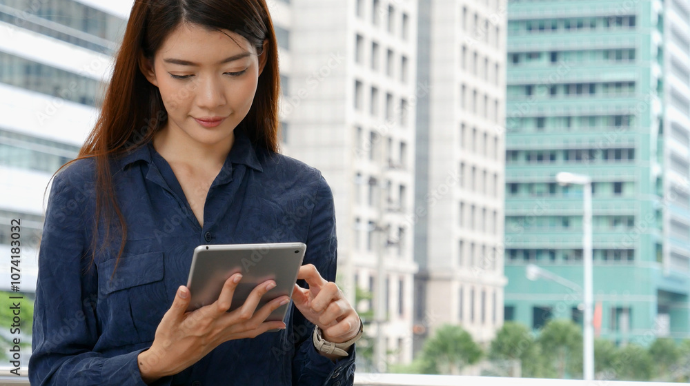 Fototapeta premium Business woman using smartphone shopping online, call, texting message internet technology lifestyle. Asian woman using cellphone walking on city street. Smart phone smart confident woman modern city