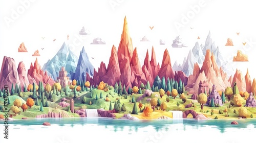 Vibrant Low-Poly Mountain Landscape with Colorful Trees, Castle, and Waterfalls Under a Bright Sky with Clouds and Birds for Nature and Adventure Themes
