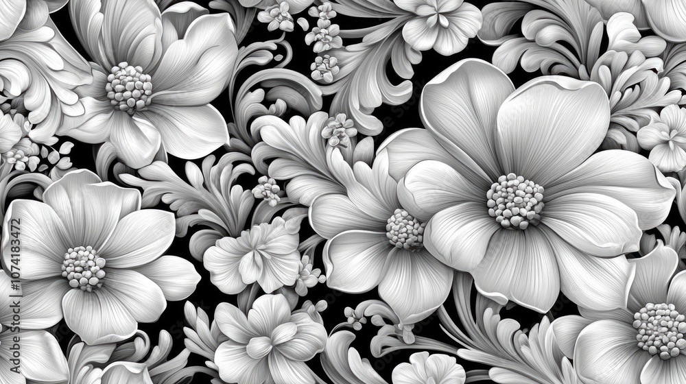 Seamless floral pattern featuring intricate flower designs for fabric applications Seamless floral pattern featuring intricate flower designs for fabric applications