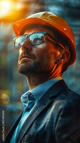 Portrait of Engineering wearing helmet and safety unifrom standing in factory photo