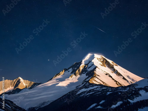 A snow-covered mountain peak under a starry night sky. photo