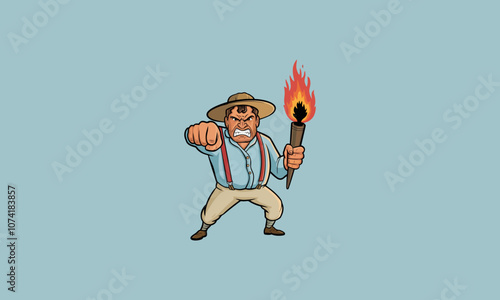 Angry farmer with torch and fist raised in defiance.