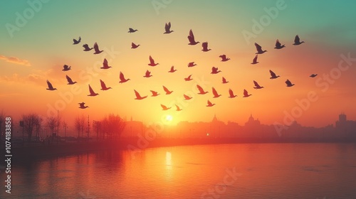 Wallpaper Mural A serene sunset with birds flying over a tranquil river. Torontodigital.ca