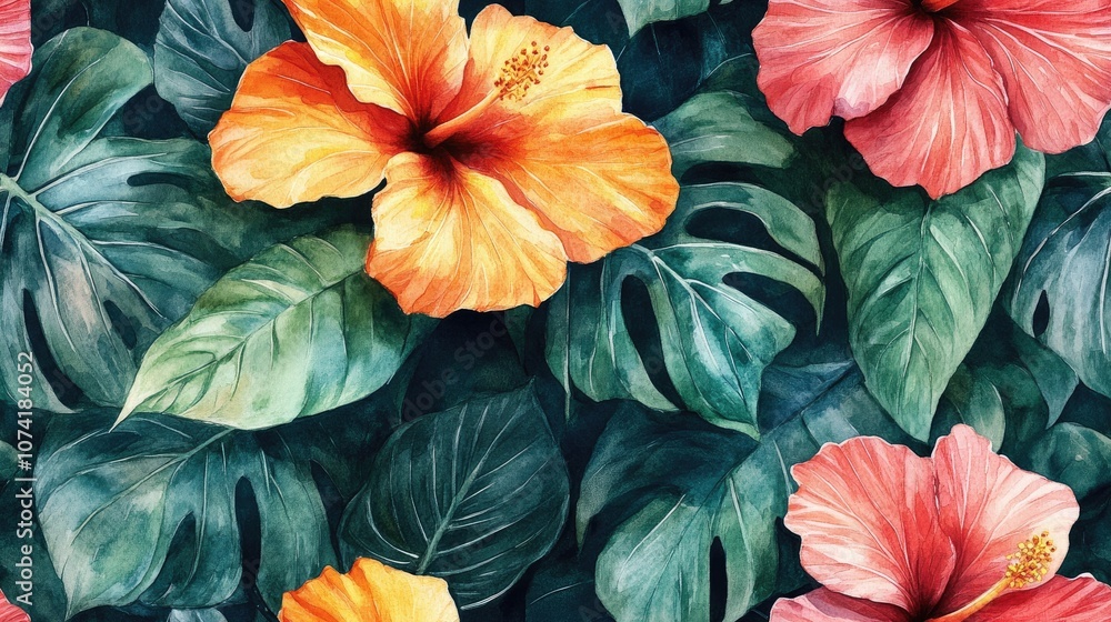custom made wallpaper toronto digitalWatercolor seamless pattern featuring tropical leaves and vibrant flowers like hibiscus and monstera perfect for swimwear designs